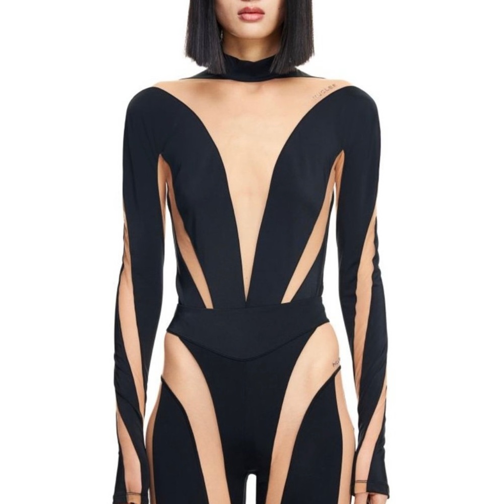 Mugler × H&M Mesh-Paneled Bodysuit Black & Beige
